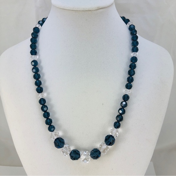 Vintage Blue & Clear Crystal Necklace, Graduated Faceted Glass Beads, 19 1/2" L - Picture 6 of 6